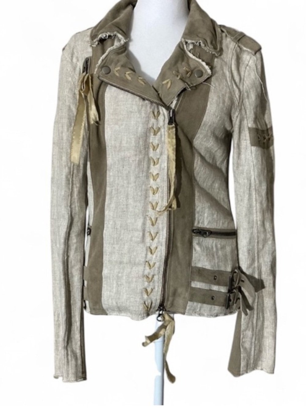 Jakett New York Linen & Leather Beige Bohemian Jacket size XS - Picture 2 of 12